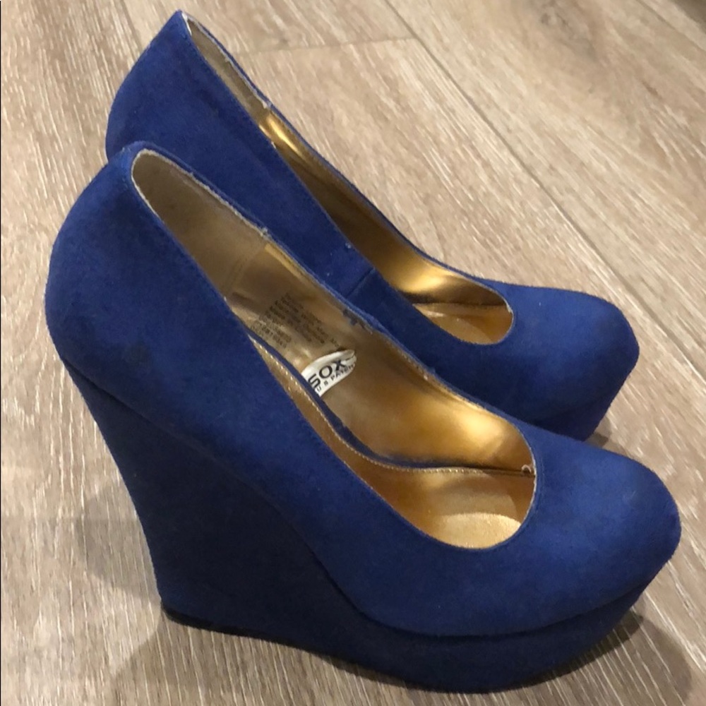 Blue suede wedges